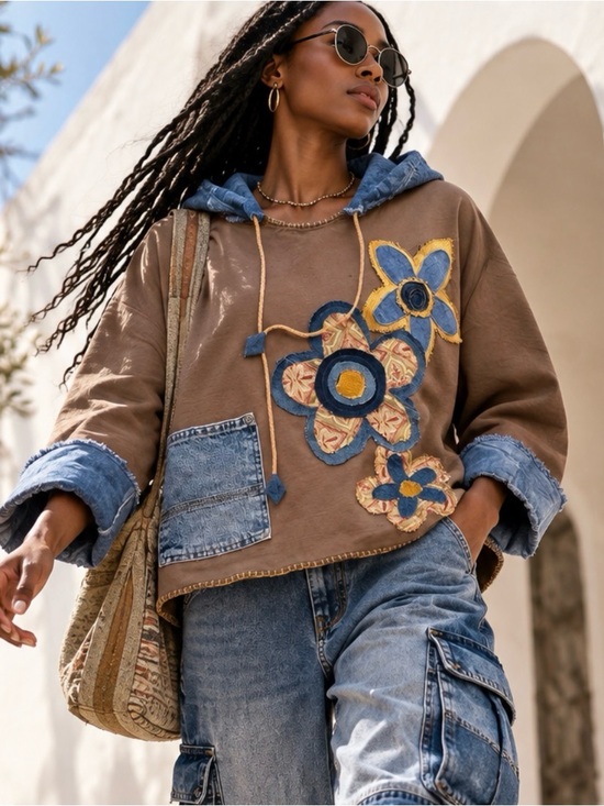 FBC Studio Tops - OOAK Handmade Upcycled Hoodie L/XL Eco Dyed Cotton Denim Patchwork Boho Floral